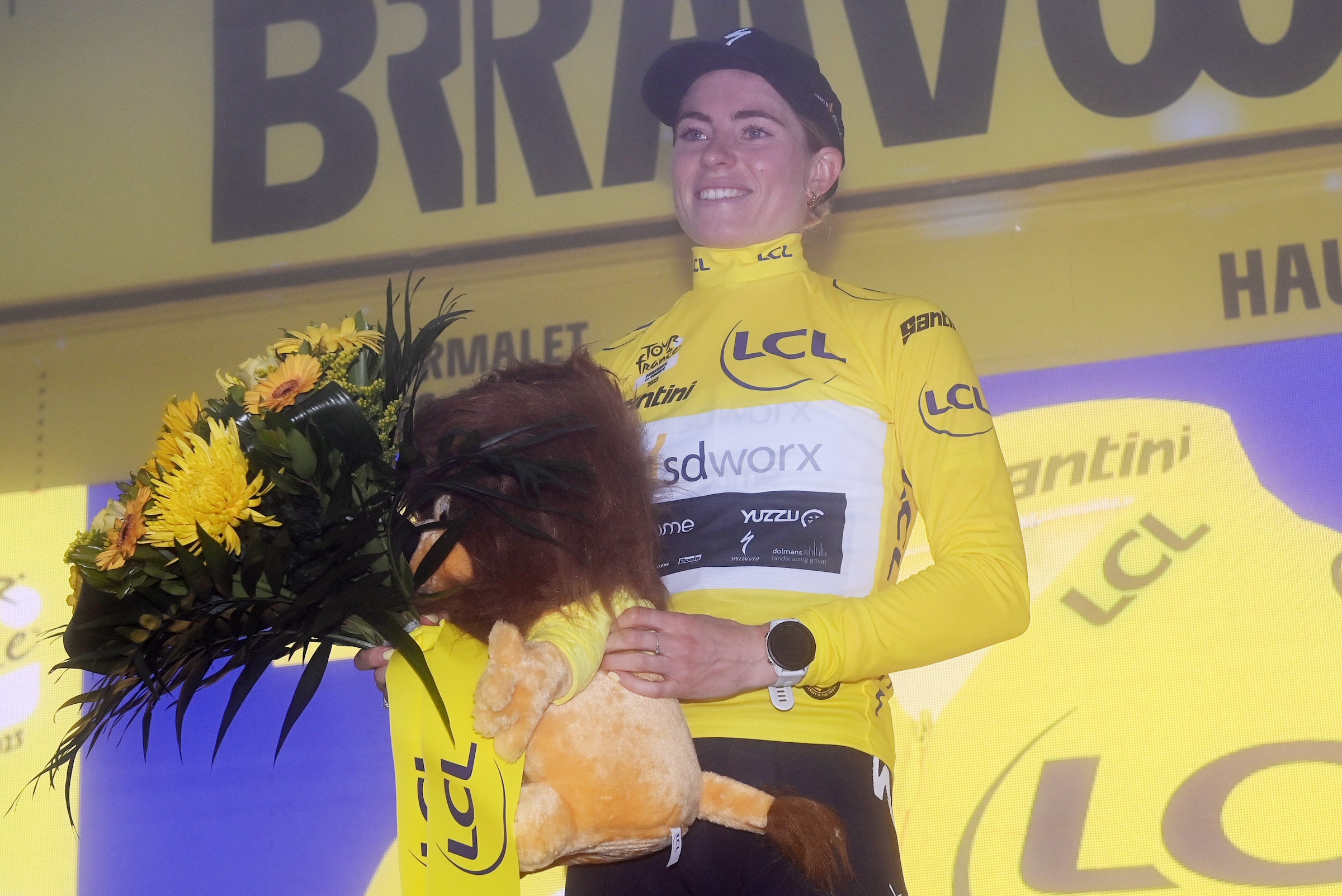 COL DU TOURMALET, FRANCE - JULY 29: Demi Vollering of The Netherlands and Team SD Worx - Protime celebrates at podium as Yellow Leader Jersey winner during the 2nd Tour de France Femmes 2023, Stage 7 a 89.8km stage from Lannemezan to Col du Tourmalet 2116m / #UCIWWT / on July 29, 2023 in Col du Tourmalet, France. (Photo by Tim de Waele/Getty Images)