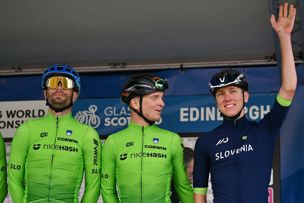 EDINBURGH, SCOTLAND - AUGUST 06: (L-R) Luka Mezgec of Slovenia, Jaka Primozic of Slovenia and Tadej Pogacar of Slovenia prior to the 96th UCI Cycling World Championships Glasgow 2023, Men Elite Road Race a 271.1km one day race from Edinburgh to Glasgow / #UCIWT / on August 06, 2023 in Edinburgh, Scotland. (Photo by Dario Belingheri/Getty Images)