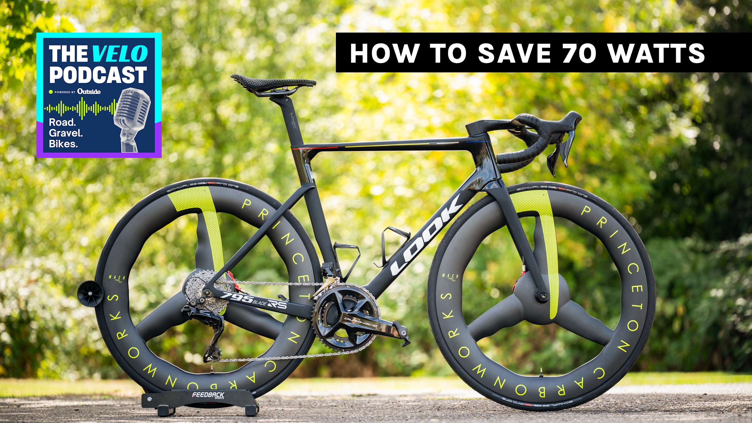 A high-performance Look 795 Blade RS road bike equipped with distinctive Princeton CarbonWorks tri-spoke wheels, illustrating a technical study on how aerodynamics can bridge a 70-watt power gap.