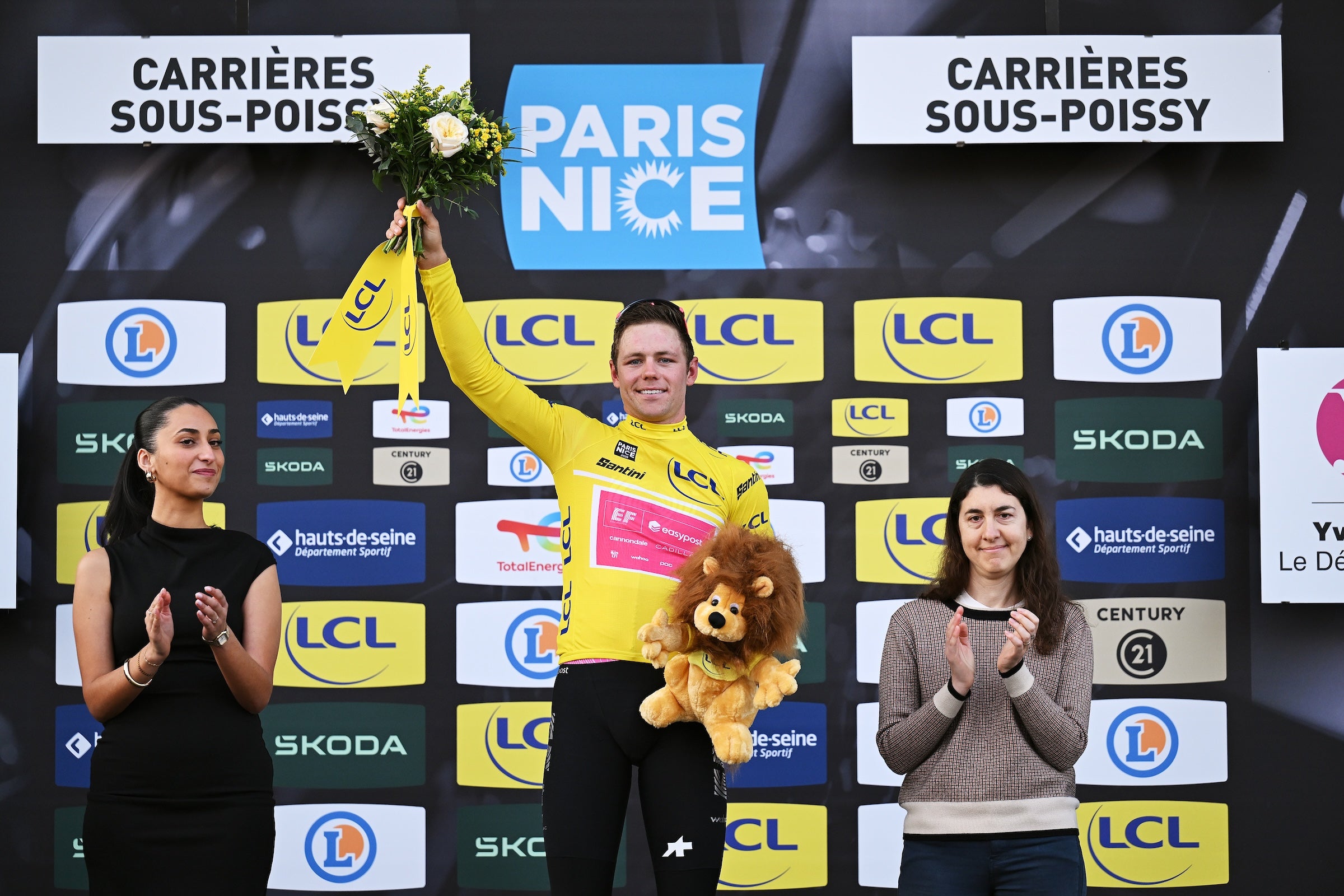 Luke Lamperti (EF Education - EasyPost) celebrates as race leader following stage 1 of Paris-Nice 2026 (Photo: Szymon Gruchalski/Getty Images)